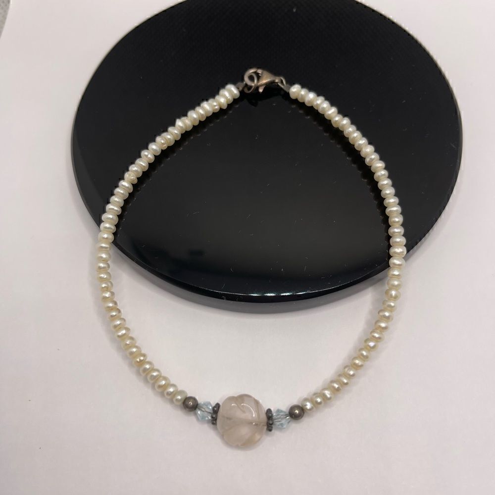 Bracelet real pearls 925 sterling pink Quartz’s blue crystals